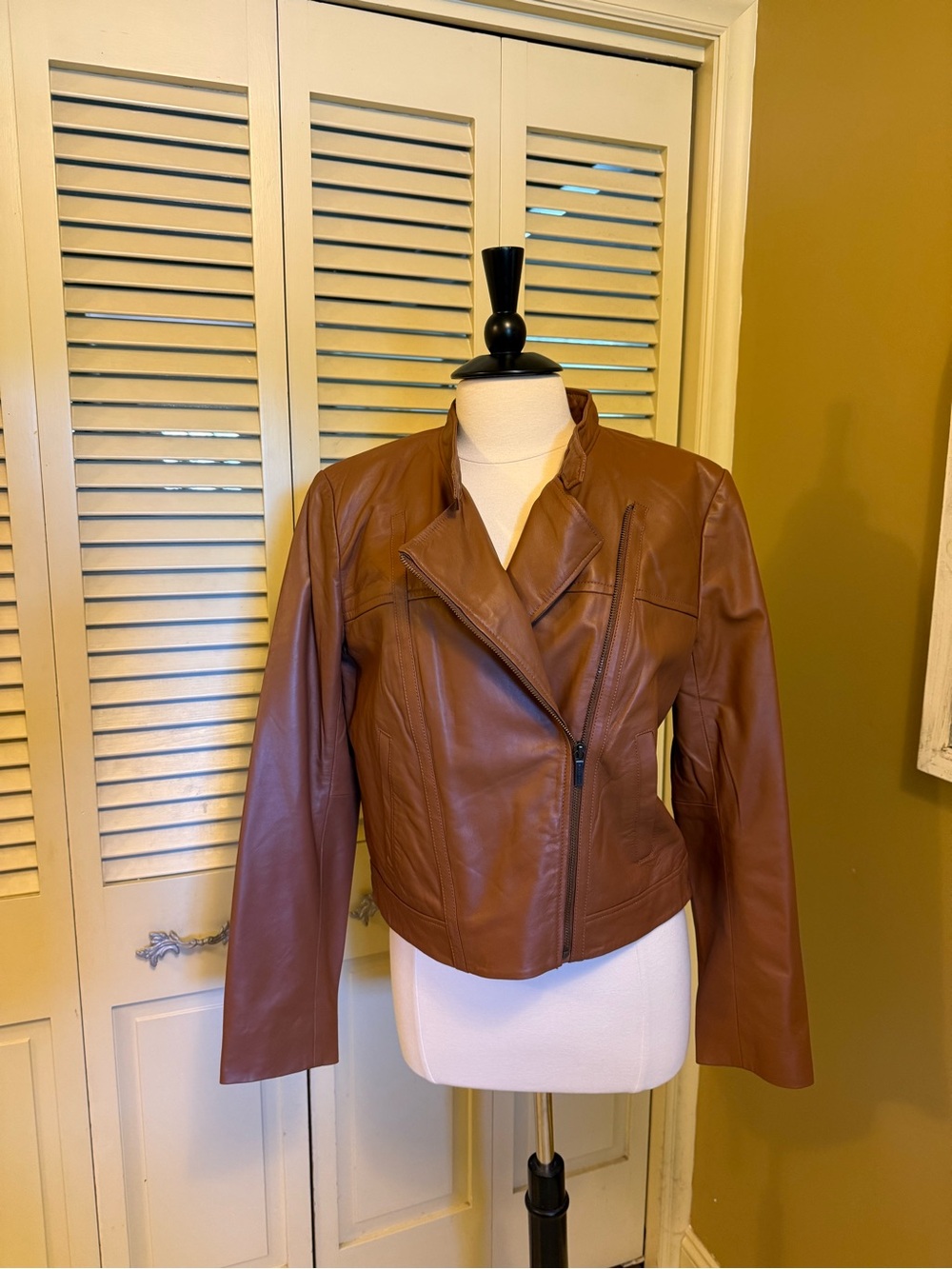 Michael Kors Cognac Brown Leather (lamb) Motorcycle Jacket